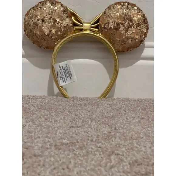 Disney Gold Sequin Minnie Mouse Ears Headband With Bow One Size - Picture 2 of 6